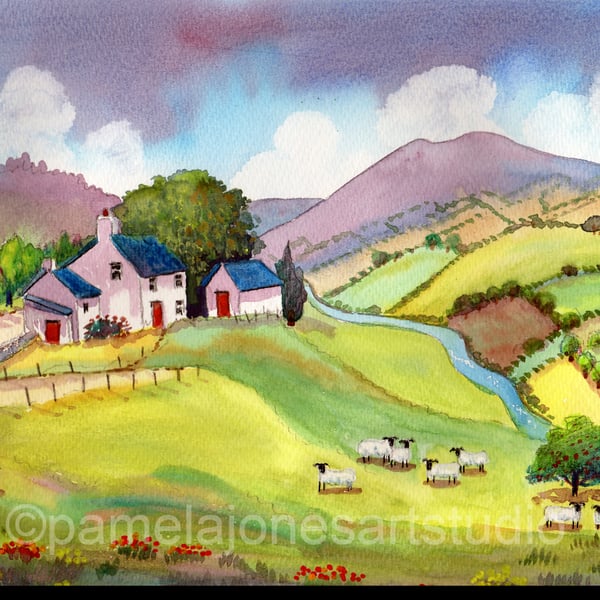 Hillside Cottage, Sheep, North Wales, in 20 x16 '' Mount
