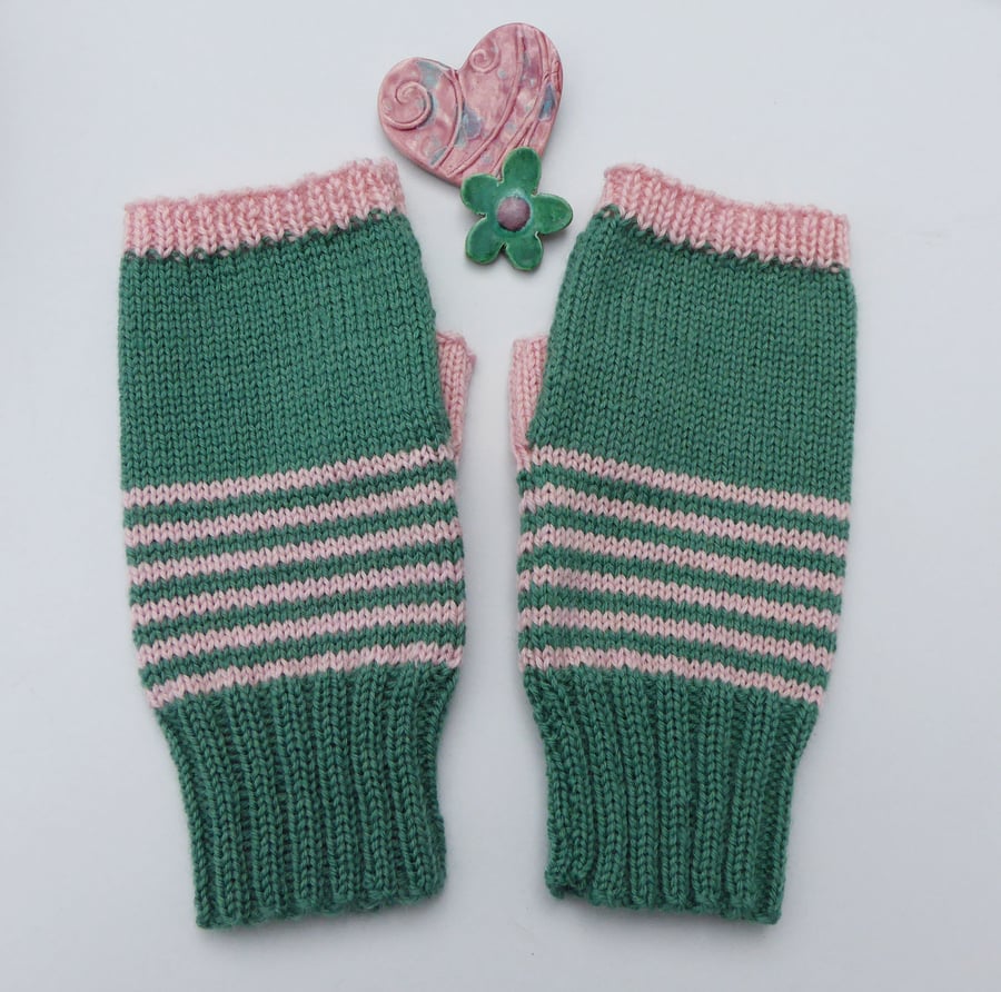 Pink and Green Stripe Fingerless Wool Knit Gloves, Handmade Wrist Warmers