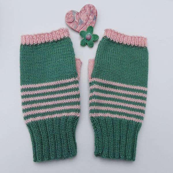 Pink and Green Stripe Fingerless Wool Knit Gloves