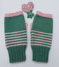 Pink and Green Stripe Fingerless Wool Knit Gloves, Handmade Wrist Warmers - Image 1
