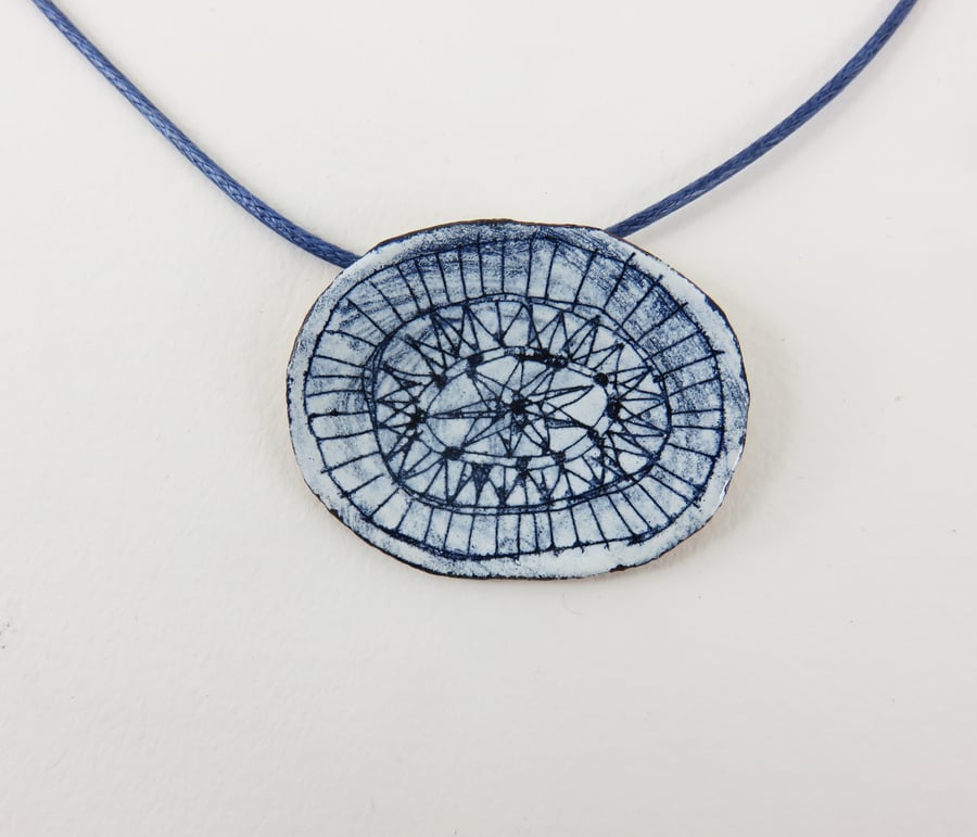 Oval Copper Pendant with Hand Drawn Enamel Pattern