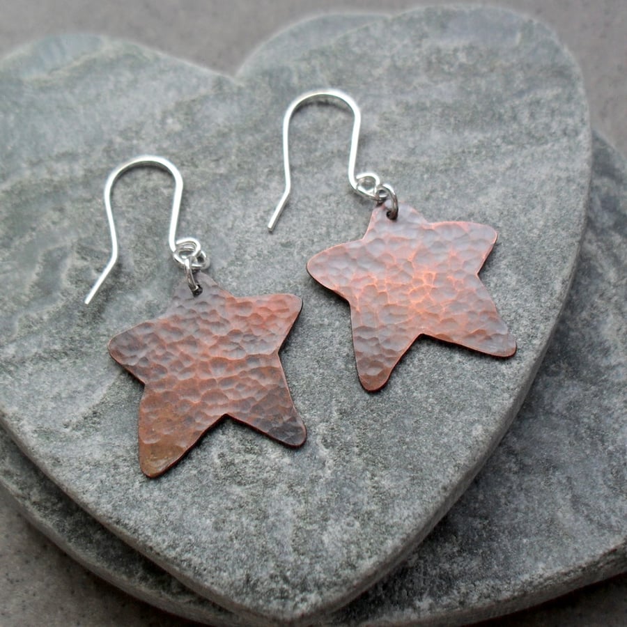  Star Shaped Oxidised Copper Earrings With Sterling Silver Ear Wires