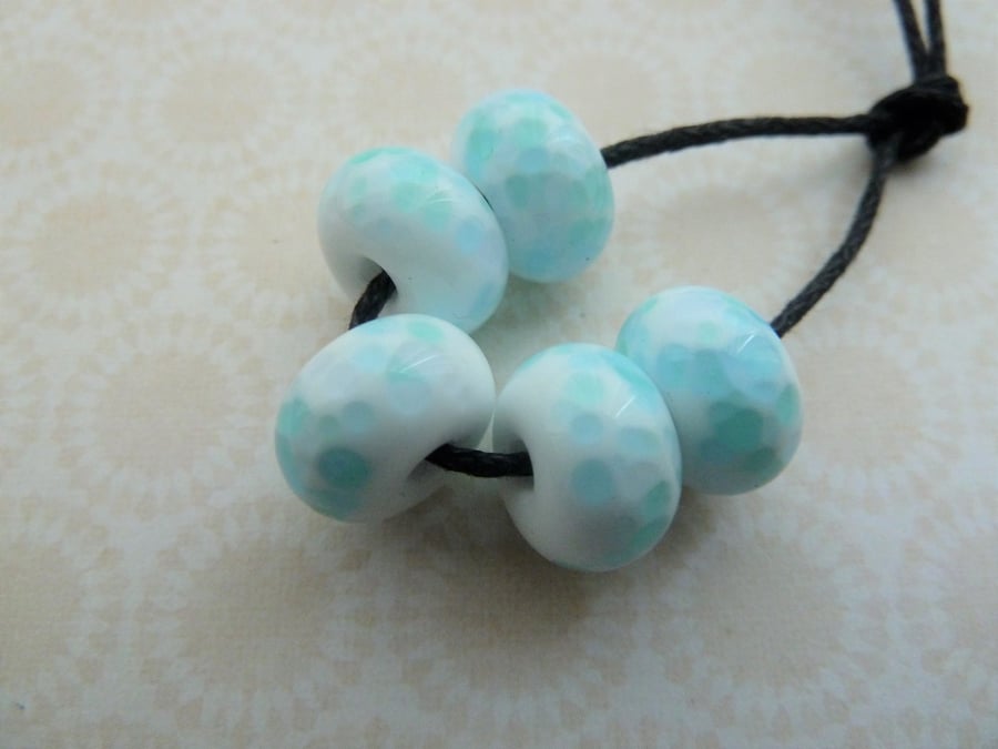 lampwork glass beads, white and blue frit set
