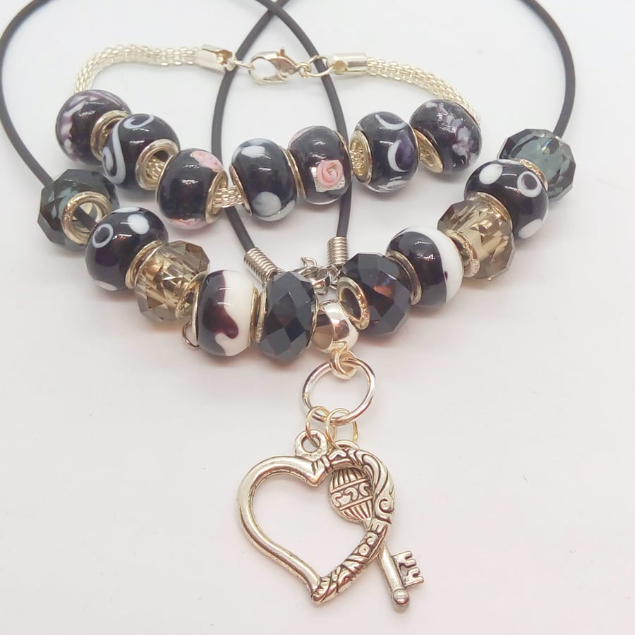 Black and White Lampwork Bead Jewellery Set With Key & Heart Charms