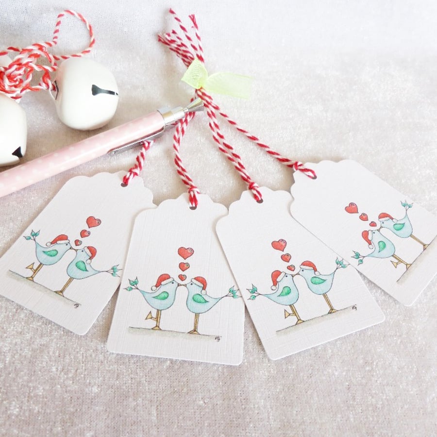 Christmas Love Birds Gift Tags - set of 4 gift tags
