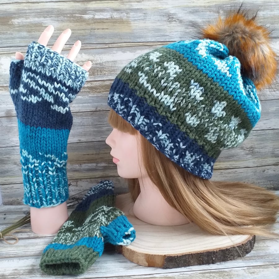 Hand Knitted Nordic Style Hat and Fingerless Gloves, Removable Faux Fur Pom-Pom