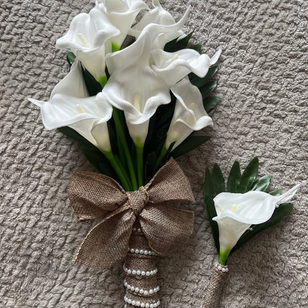 Artificial Cala Lily hand bouquet with buttonhole 