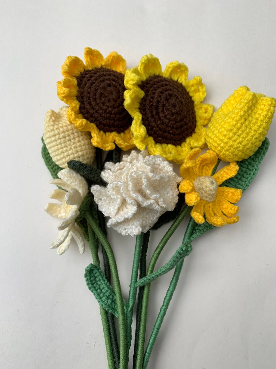 Yellow crochet flower bouquet, sunflowers, daisies, tulips and carnation.