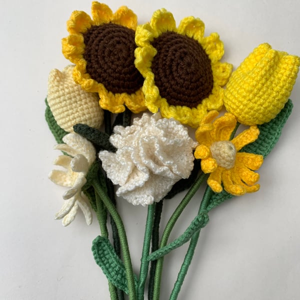 Yellow crochet flower bouquet, sunflowers, daisies, tulips and carnation.