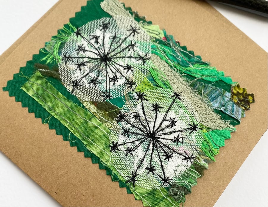 Up-cycled embroidered dandelion clock garden card. 
