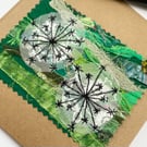 Up-cycled embroidered dandelion clock garden card. 