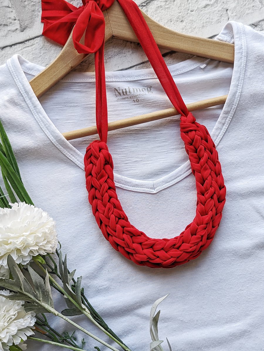 Vibrant Cherry Red Woven Necklace - T Shirt Yarn