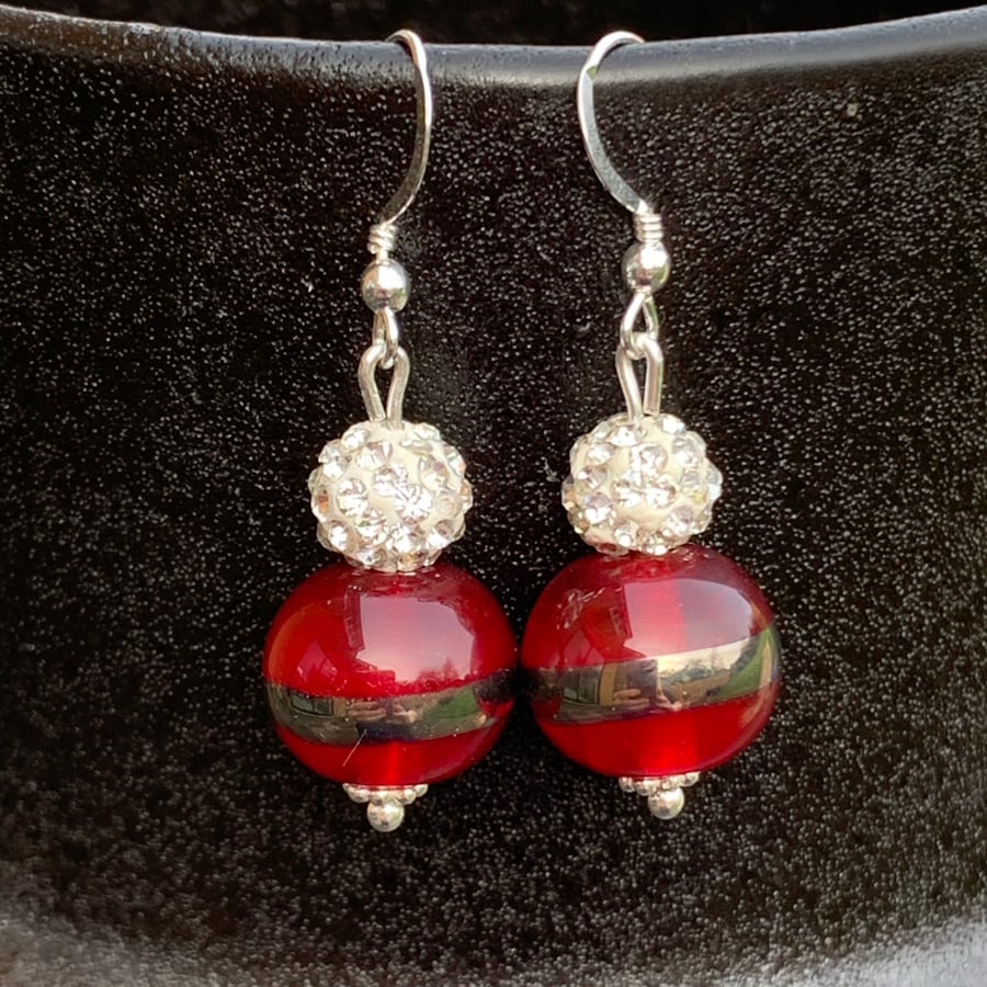 sterling silver - artisan lampwork glass & rhinestone - dangle earrings 