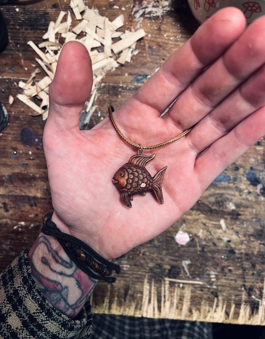Hand Carved Rainbow Fish Pendant 