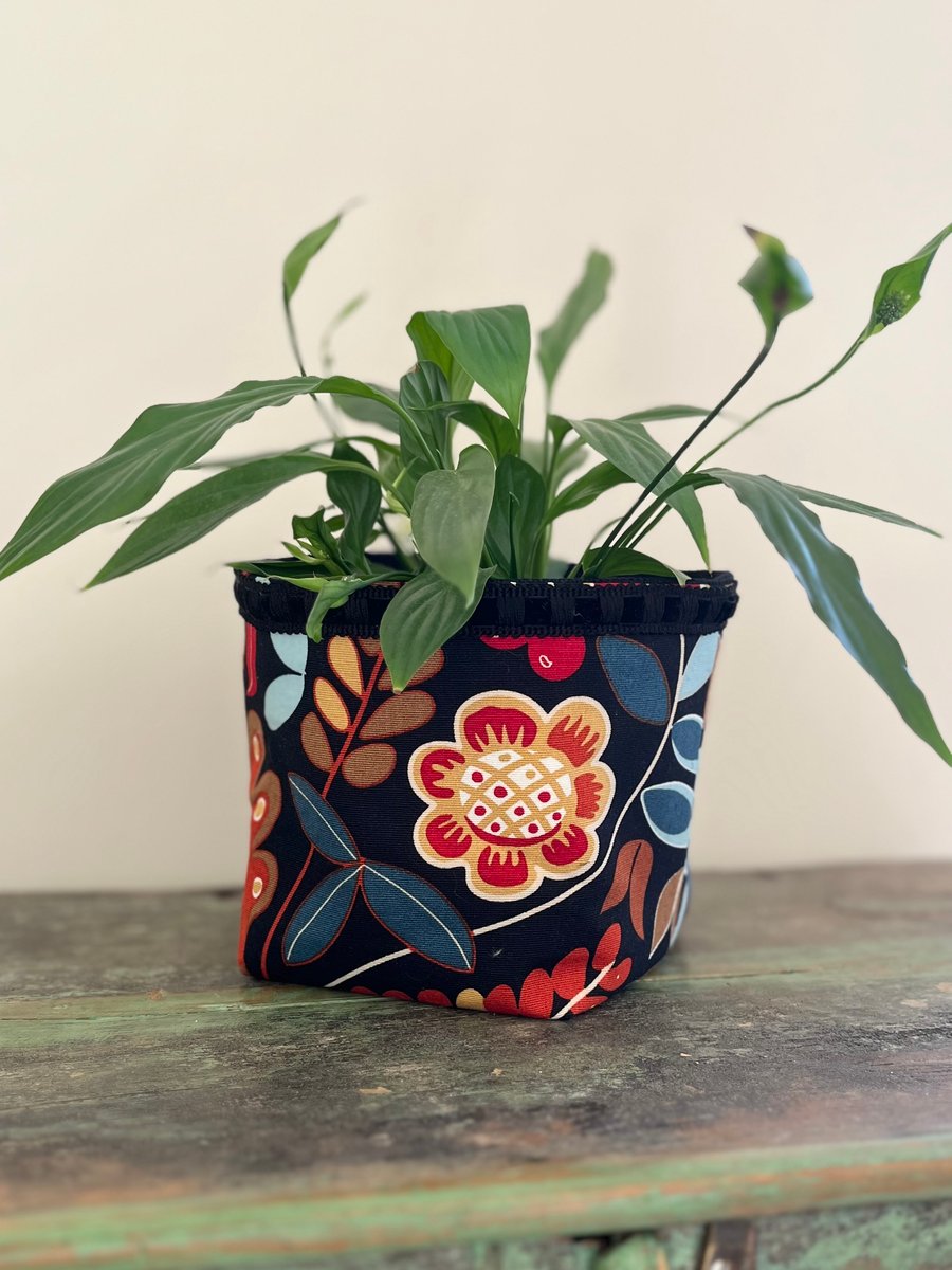 Bright leafy print storage basket plant pot craft storage with velvet braid