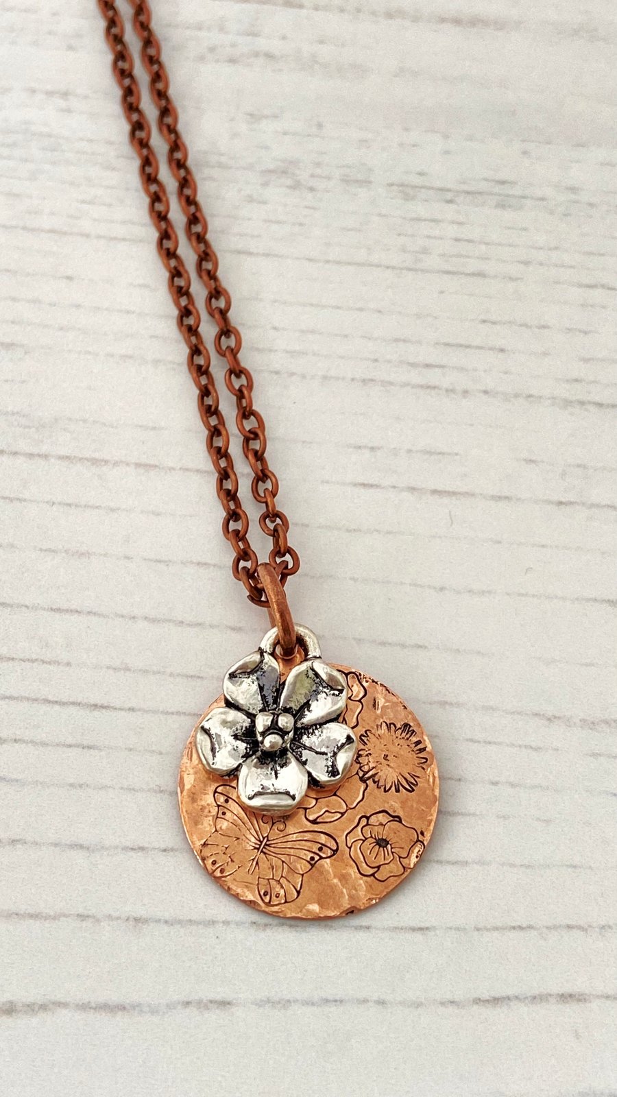Mixed Metal, Floral Copper Necklace