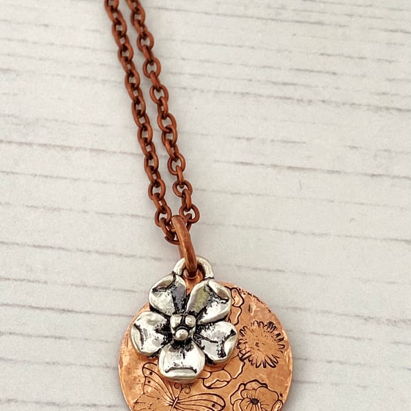 Mixed Metal, Floral Copper Necklace