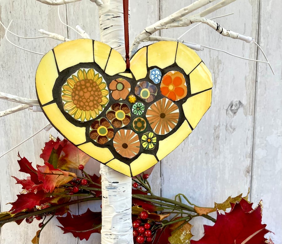 Retro Yellow Flower Mosaic Heart Wall Art
