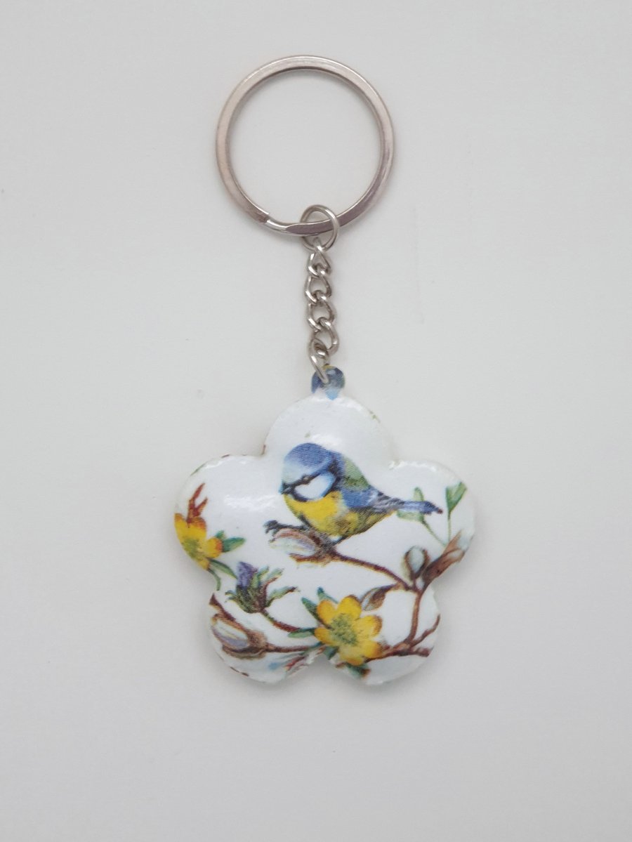 Bird keyring, blue tit metal keyring, decoupaged bird lover gift 