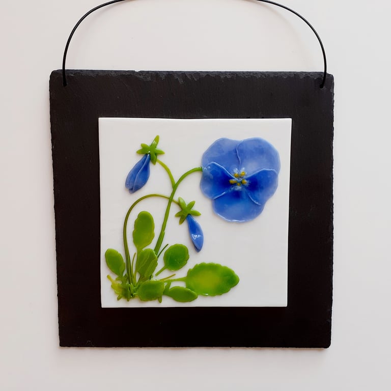 Fused glass floral art, pansy picture mounted on slate
