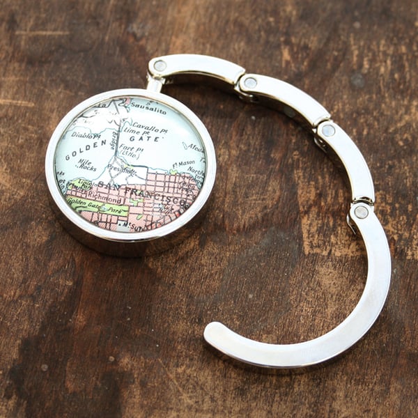 Foldable purse hanger with custom map location, Personalised Hen Party Gift