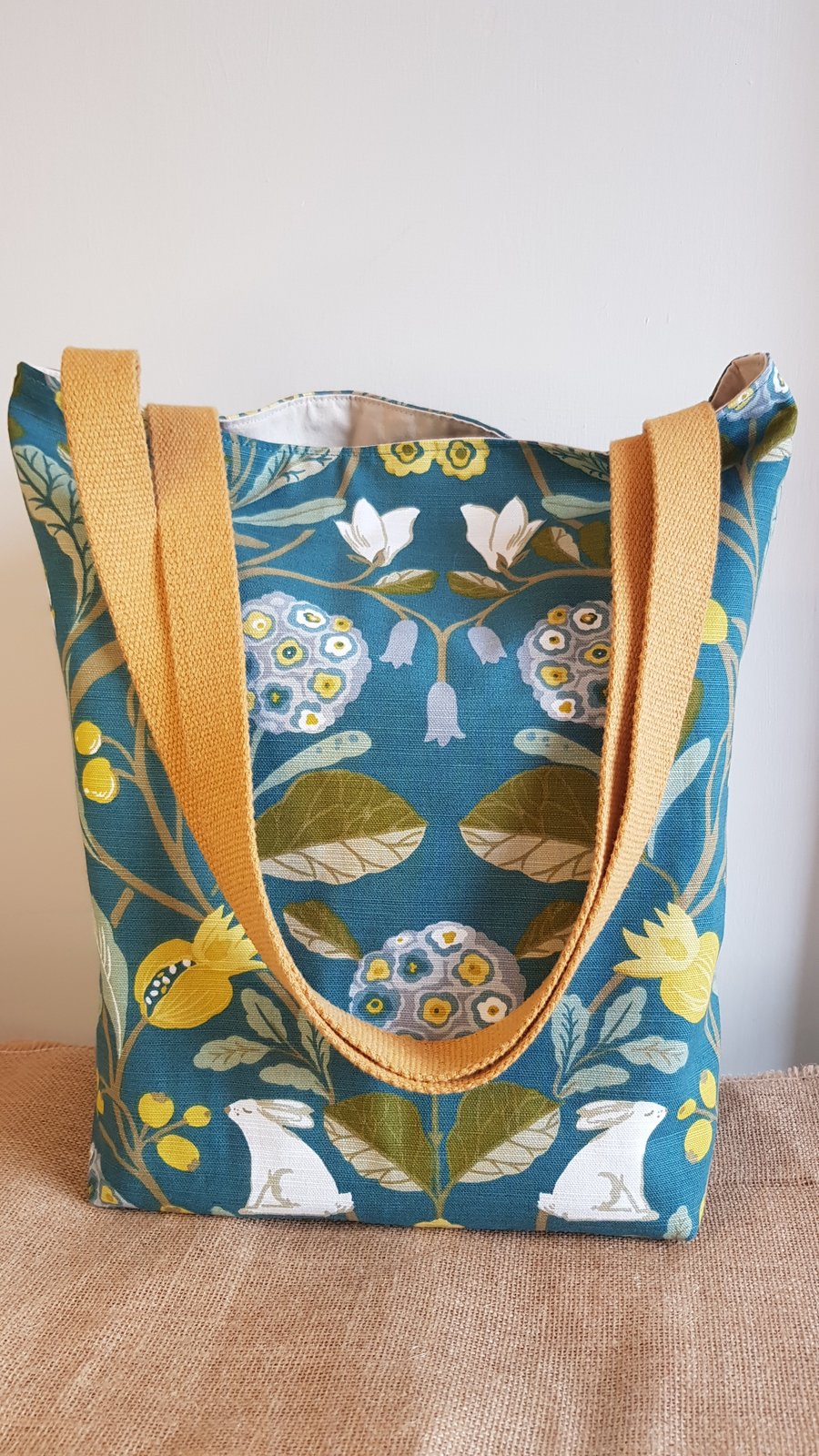 Tote bag with long handles: teal floral & white rabbits