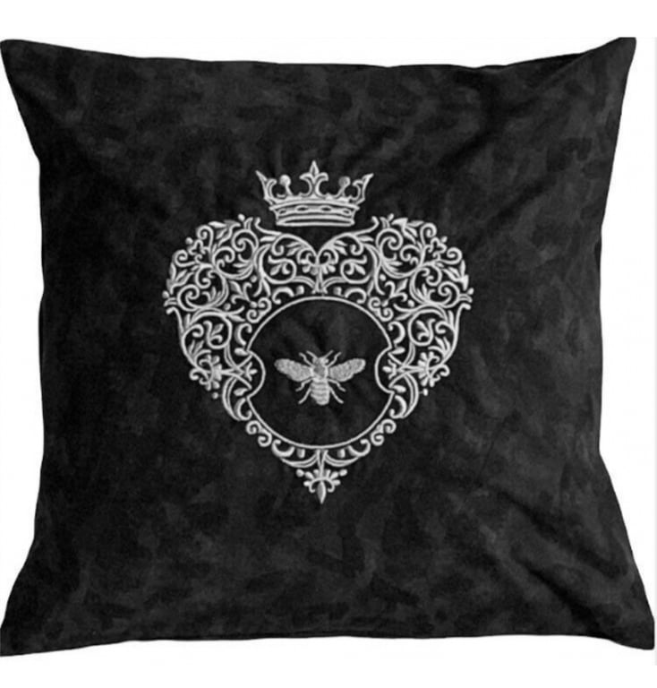 Ornate Silver Bee Embroidered Cushion Cover BLACK 12”x12”, Gift Idea