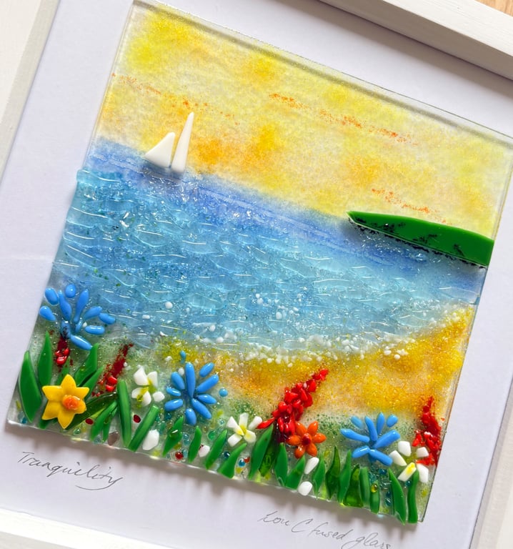 Sunset tranquility beach , fused glass art