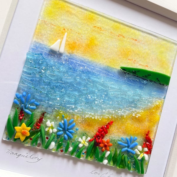 Sunset tranquility beach , fused glass art
