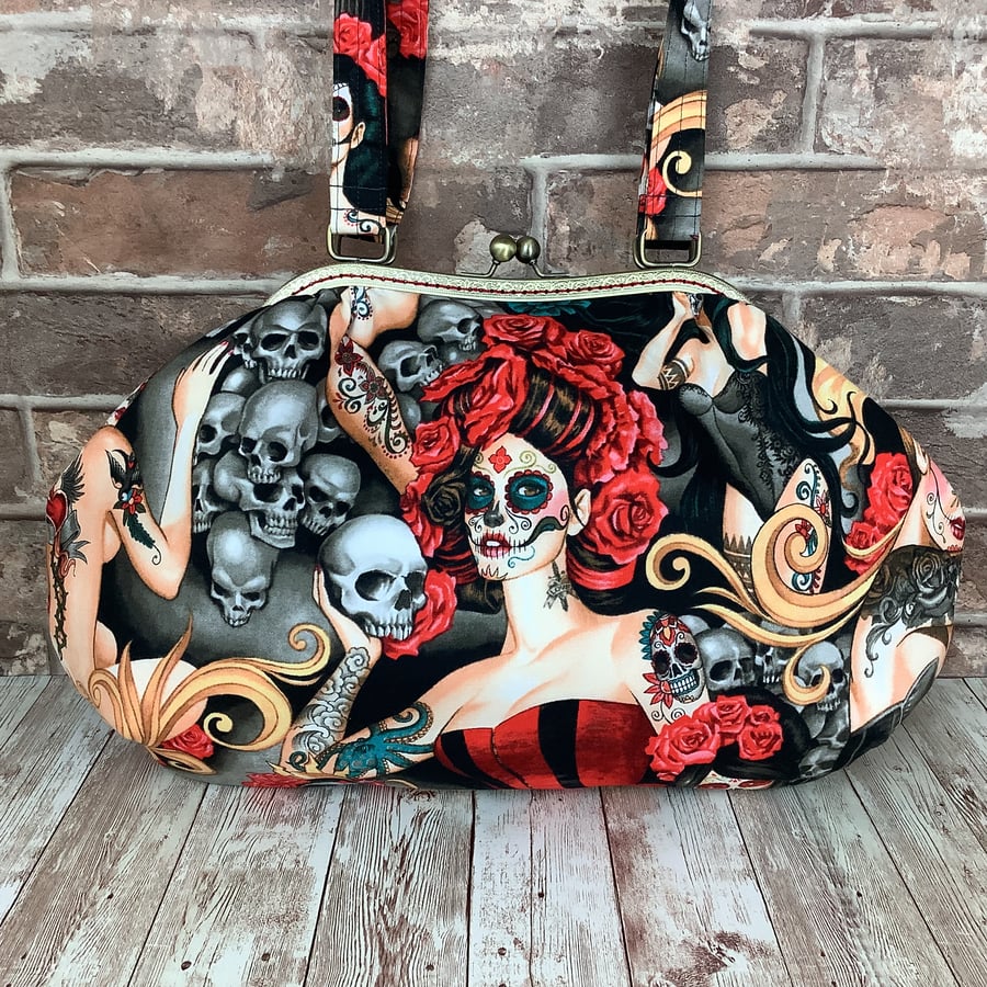 Day of the dead large fabric frame bag, Kiss clasp shoulder bag, Handmade