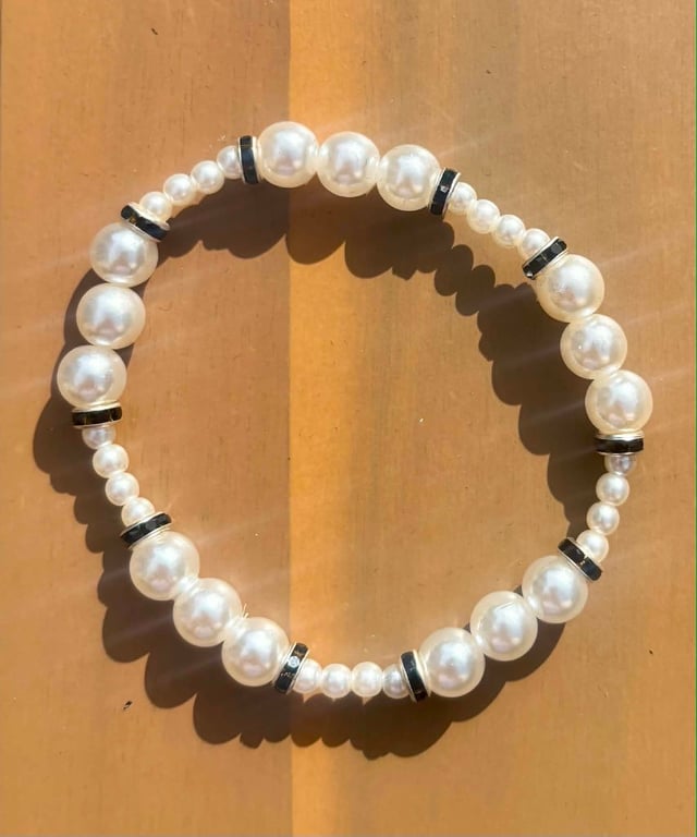 Handmade Pearl-Look Beaded Bracelet with Black and Silver-Tone Accents