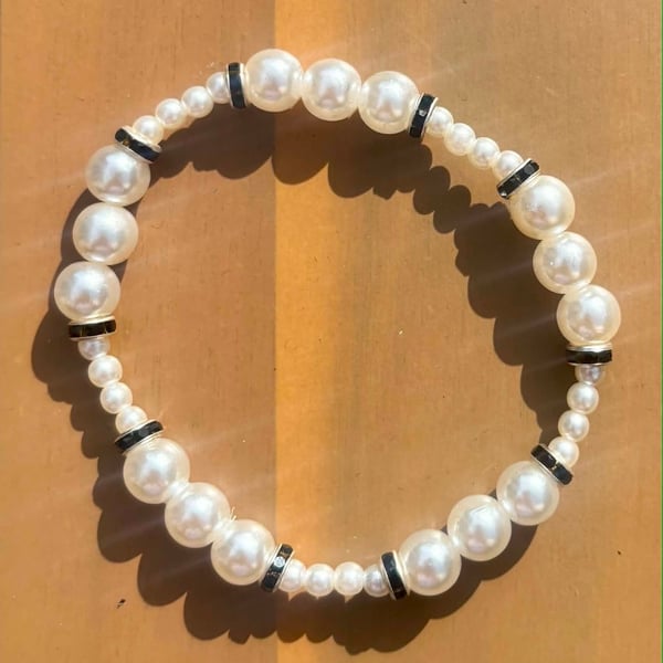 Handmade Pearl-Look Beaded Bracelet with Black and Silver-Tone Accents