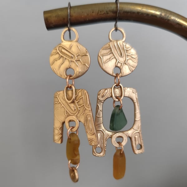 Seaglass mis-match earrings, bronze, unique jewellery, recycled material