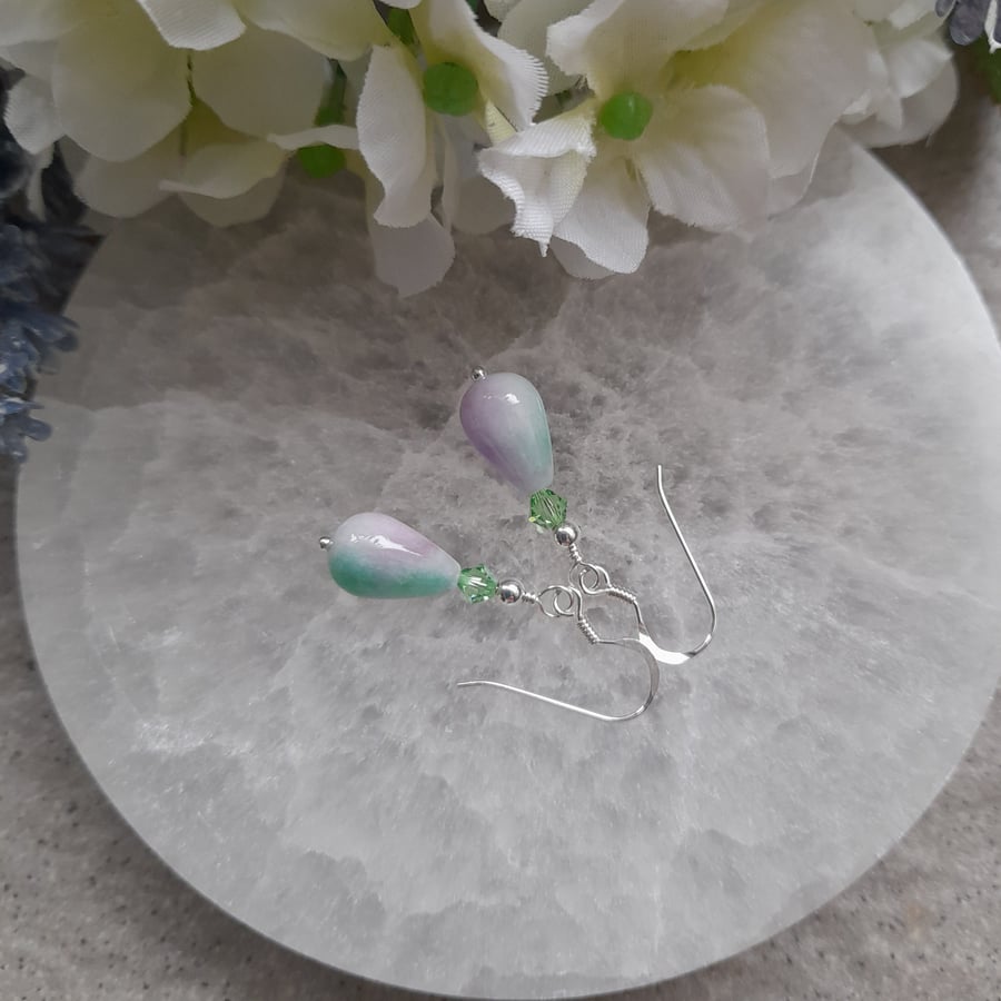 Lilac Green Coloured Quartz Dainty Drop Earrings With Crystals Sterling Silver