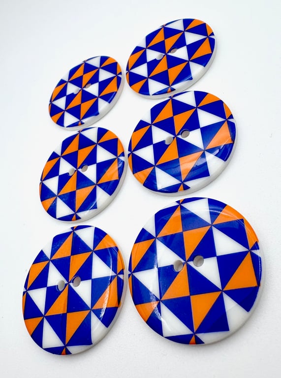 6 Large Buttons, 34mm Wide, Orange, White & Blue Triangles, Buy One Get One Free