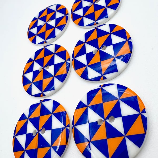 6 Large Buttons, 34mm Wide, Orange, White & Blue Triangles, Buy One Get One Free