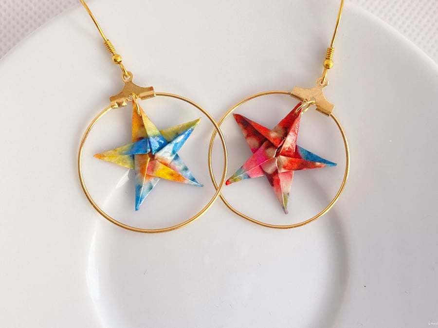 Unique Handcrafted Paper Star Hoop Earrings with Gold Hooks: Lightweight