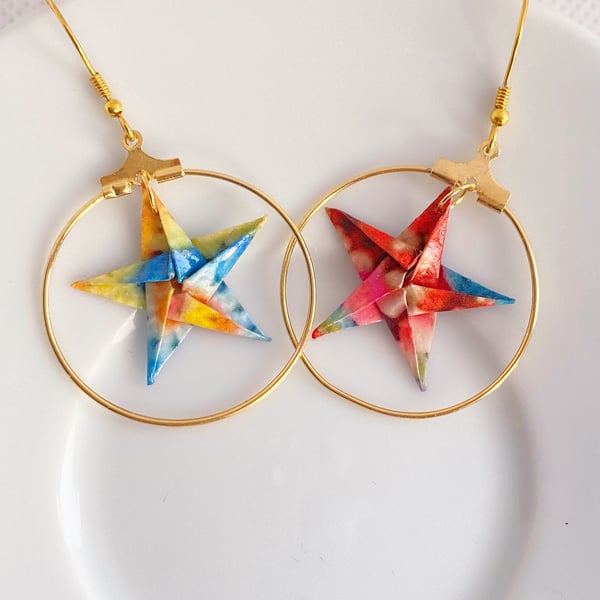 Unique Handcrafted Paper Star Hoop Earrings with Gold Hooks: Lightweight