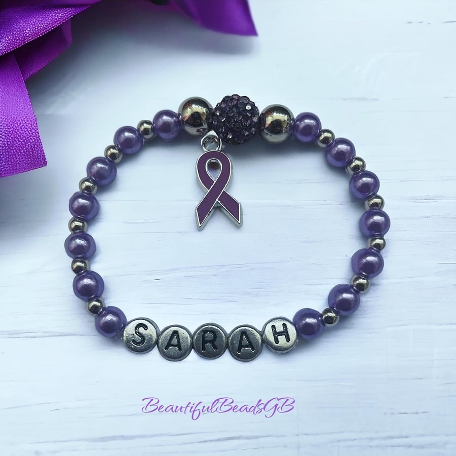 Purple ribbon awareness bracelet stretch beaded shamballa gift 