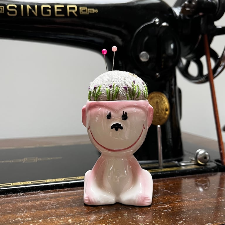 Pin cushion - pink monkey egg cup - embroidered with bee and flowers