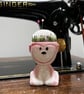 Pin cushion - pink monkey egg cup - embroidered with bee and flowers - Image 1