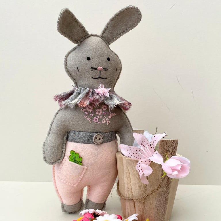 Woodland Bunny, hand sewn rabbit wall hanging, embroidered hare animal doll