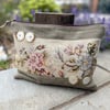 Floral tapestry fragment and linen large soft pouch with buttons