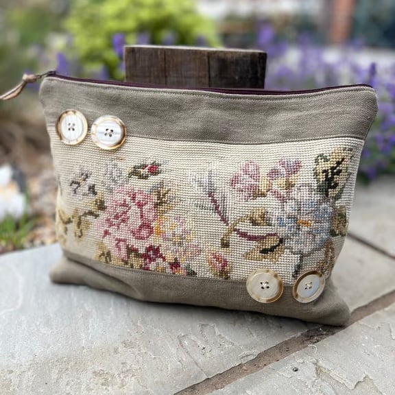 Floral tapestry fragment and linen large soft pouch with buttons