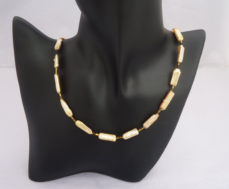 Freshwater Pearls and Hematite Necklace, Yellow Pearls Necklace