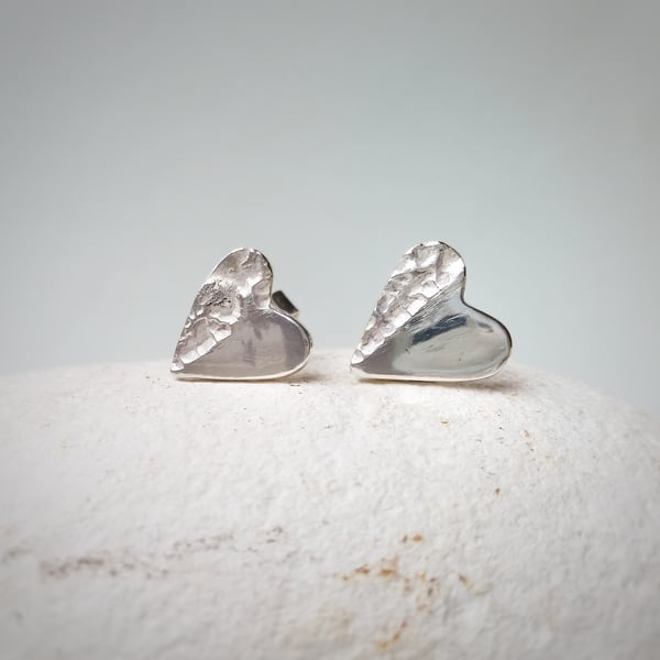 'Rough with the smooth' textured silver heart stud earrings. Gift for her