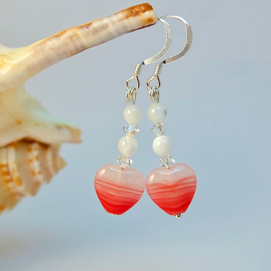 Heart Earrings, Mother Of Pearl, Silver, Crystal, Birthday, Anniversary Gift
