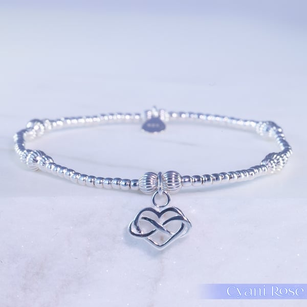 Sterling Silver Infinity Heart Charm Bracelet Stretchy Handmade Romantic