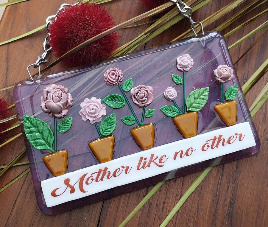 Handmade Fused Glass 'Mother Like No Other' Hanging Picture Decoration