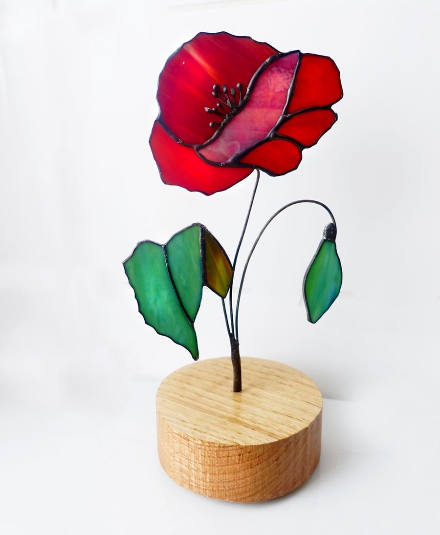 Stained Glass Art Poppy on solid Chestnut wood base.   Heirloom.  Housewarming. 